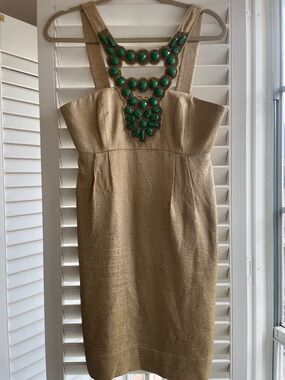 Shoshanna Gold Mini Dress with Green Beaded Yoke
